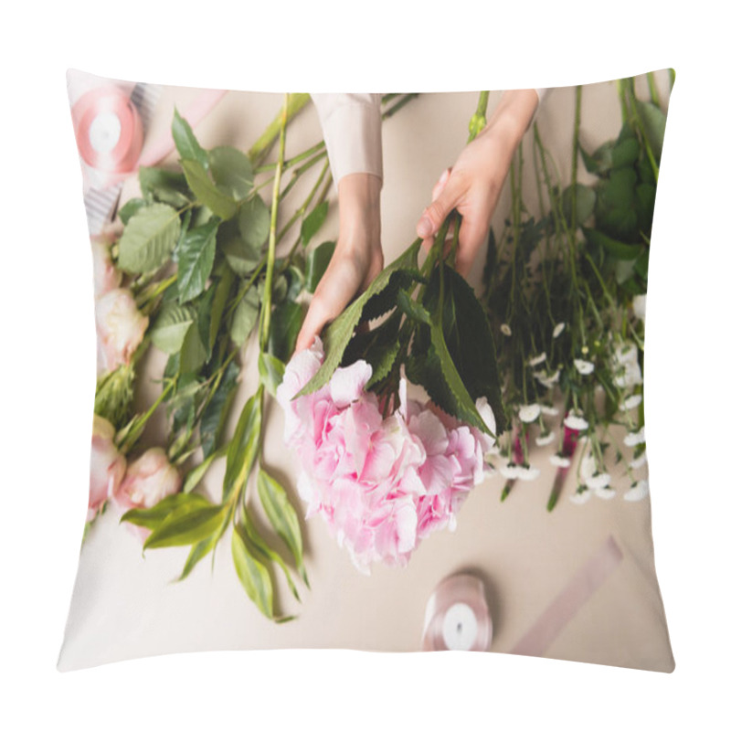 Personality  Cropped View Of Florist Holding Blooming Hydrangea, While Composing Bouquets Near Flowers And Decorative Ribbons On Desk Pillow Covers