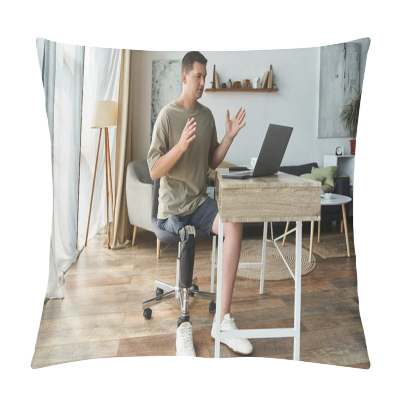 Personality  Young Man Engages In A Conversation On His Laptop While Seated In A Home Setting. Pillow Covers