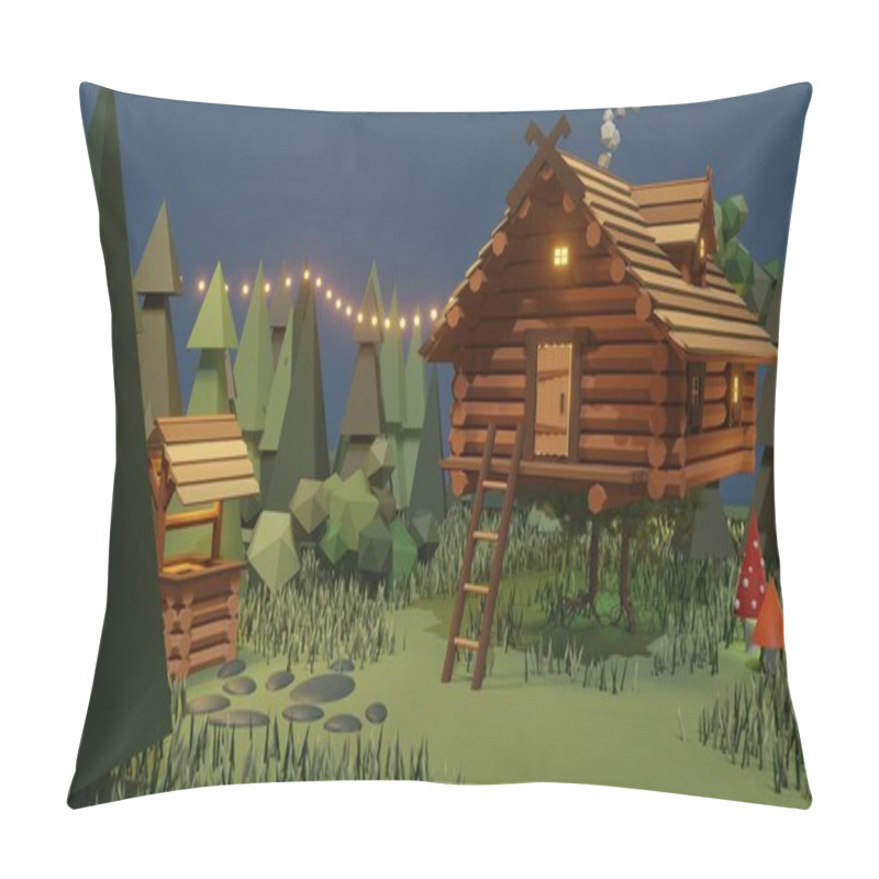 Personality  Wooden House From Magical Fairy Tale In Forest. 3D Illustration Of Surreal Baba Yaga Hut On Chicken Legs In Wood. Supernatural Rustic Cottage Model. Slavic Folklore, Russian Mythology. Graphic Design. Pillow Covers