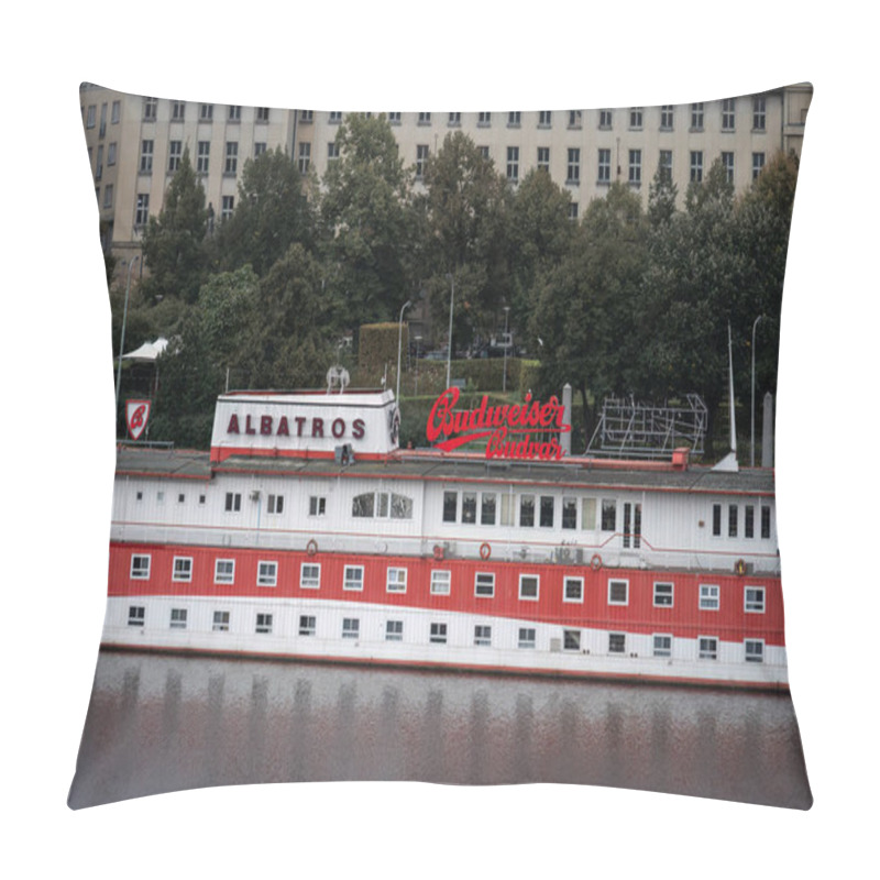 Personality  Prague, Czech Republic. October 4, 2024 - Botel Albatros, A Riverboat Hotel Docked On The Vltava River Pillow Covers