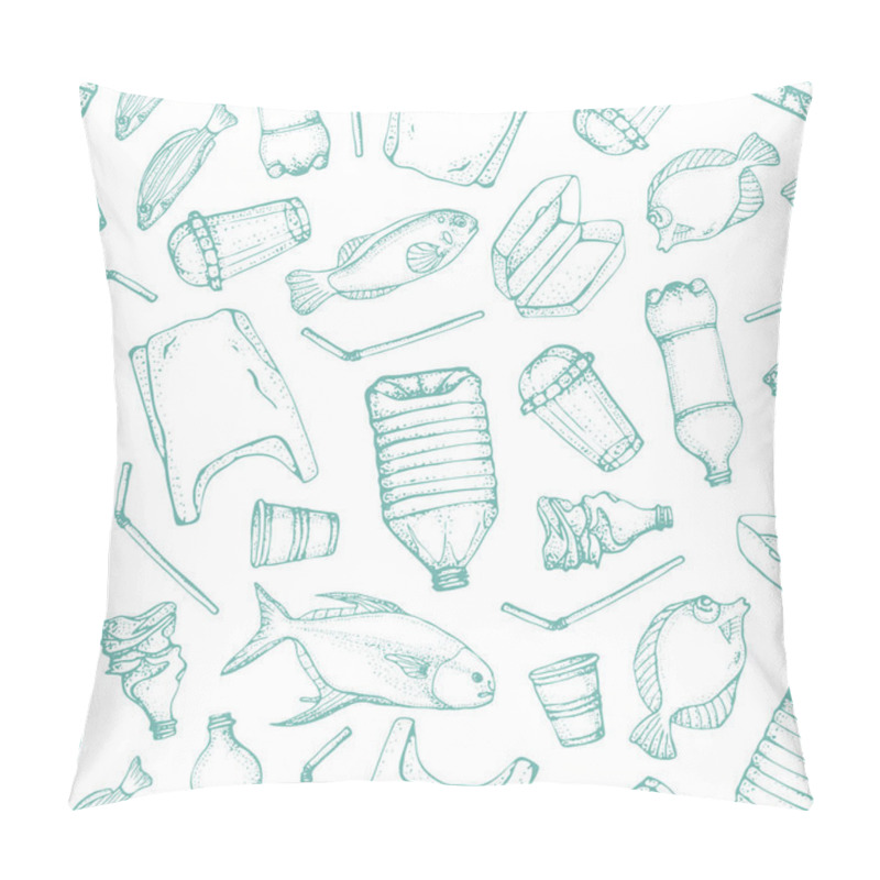 Personality  Ocean Pollution Seamless Pattern. Vector Illustration Hand Drawn Doodle Symbols Collection. Bag, Bottle, Package, Contamination, Disposable Dish, Straw And Fish. Keep The Sea, Plastic Free Concept. Pillow Covers