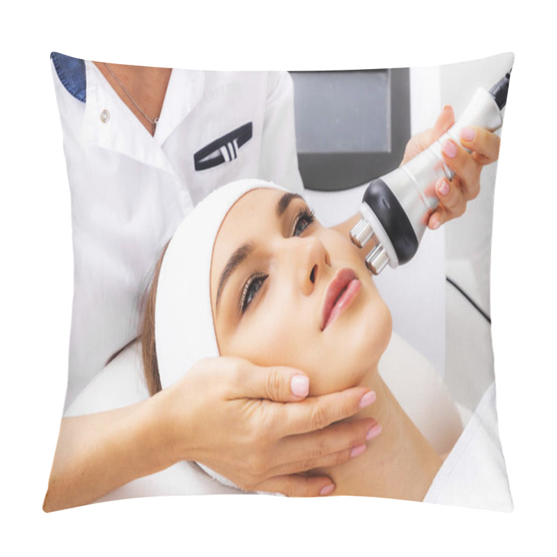 Personality  Woman Getting Radiofrequency Face Lifting. Hardware Facial Cosmetology. RF Lifting Photo. Pillow Covers