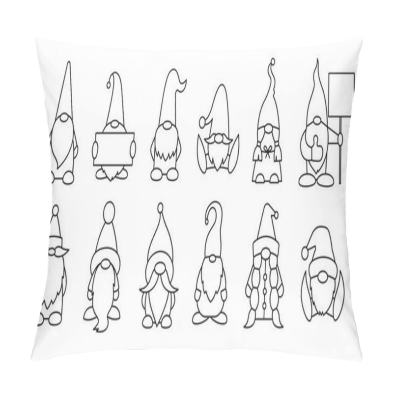 Personality  Gnomes Or Dwarfs Isolated Linear Illustrations. Set Of Magic Cartoon Gnome Characters. Santa Claus Helpers. Line Icons. Black And White. Coloring Book Page Pillow Covers