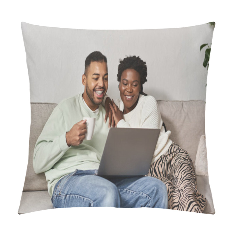 Personality  A Happy Couple Shares Smiles And Laughter While Browsing A Laptop On A Winter Day. Pillow Covers