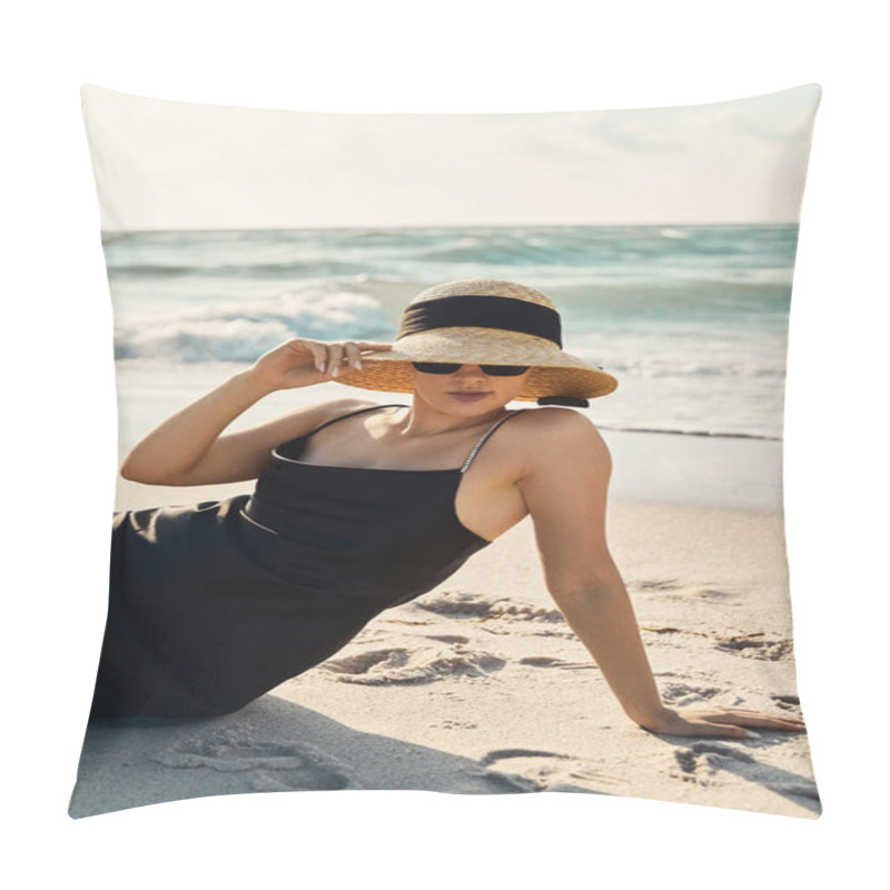 Personality  A Young Woman In A Black Sundress And Straw Hat Lounges On The Sandy Shore Of Miami Beach, Enjoying The Warm Sun And Gentle Sea Breeze. Pillow Covers