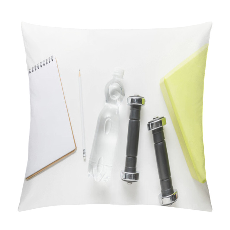 Personality  Top View Of Water In Bottle, Dumbbells And Blank Notebook With Pencil Near Box On White Background Pillow Covers