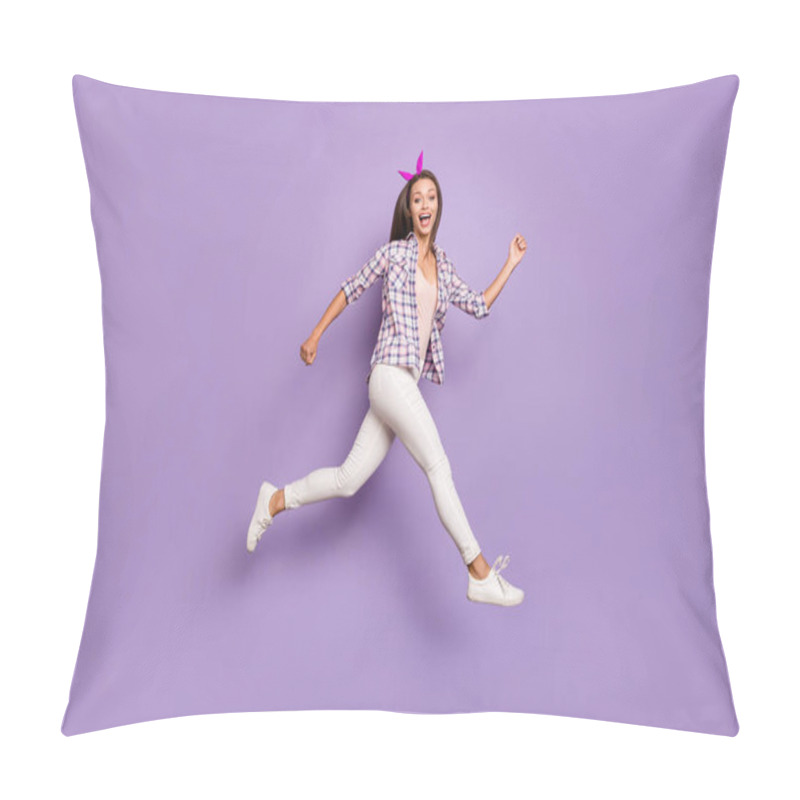 Personality  Full Length Body Size Profile Side View Of Nice Attractive Lovely Cheerful Cheery Funky Sportive Girl Running Having Fun Marathon Free Time Isolated On Violet Purple Lilac Pastel Color Background Pillow Covers