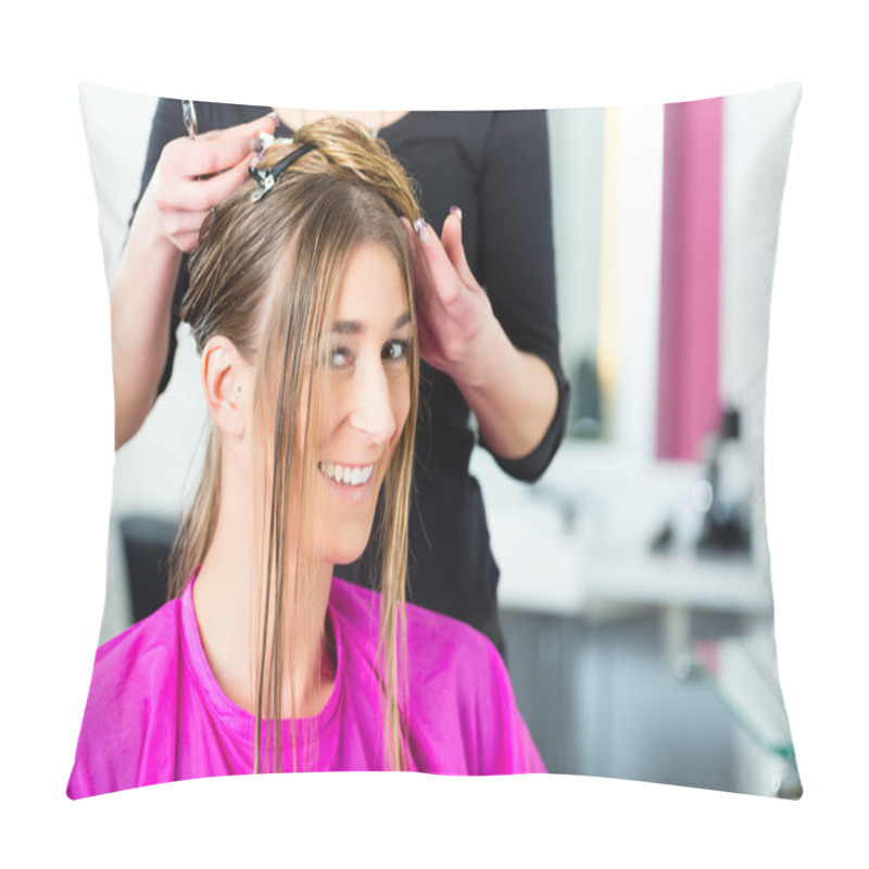 Personality  Woman Receiving Haircut From Hair Stylist Or Hairdresser Pillow Covers