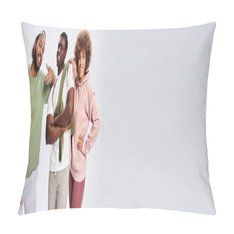 Personality  Positive African American Friends Posing Together On Grey Background, Juneteenth Banner Pillow Covers