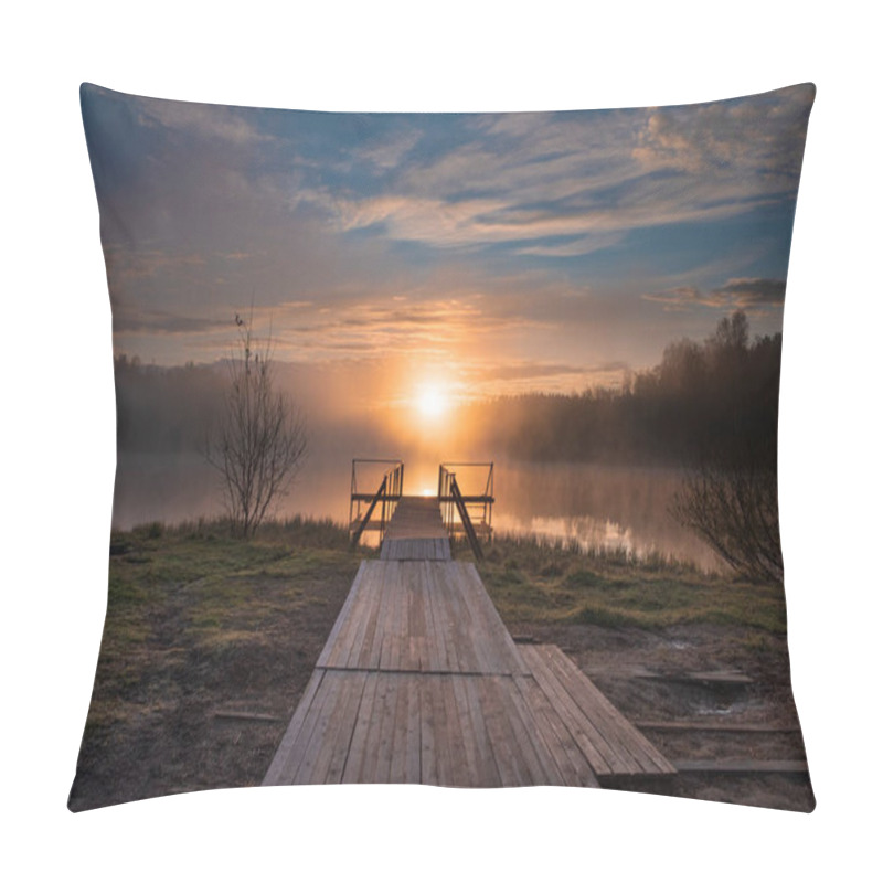 Personality  Dawn Over A Misty Lake With A Wooden Pier In The  Forest  In Early Morning Pillow Covers