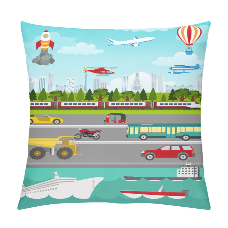 Personality  Transport Infographics Elements. Cars, Trucks, Public, Air, Wate Pillow Covers