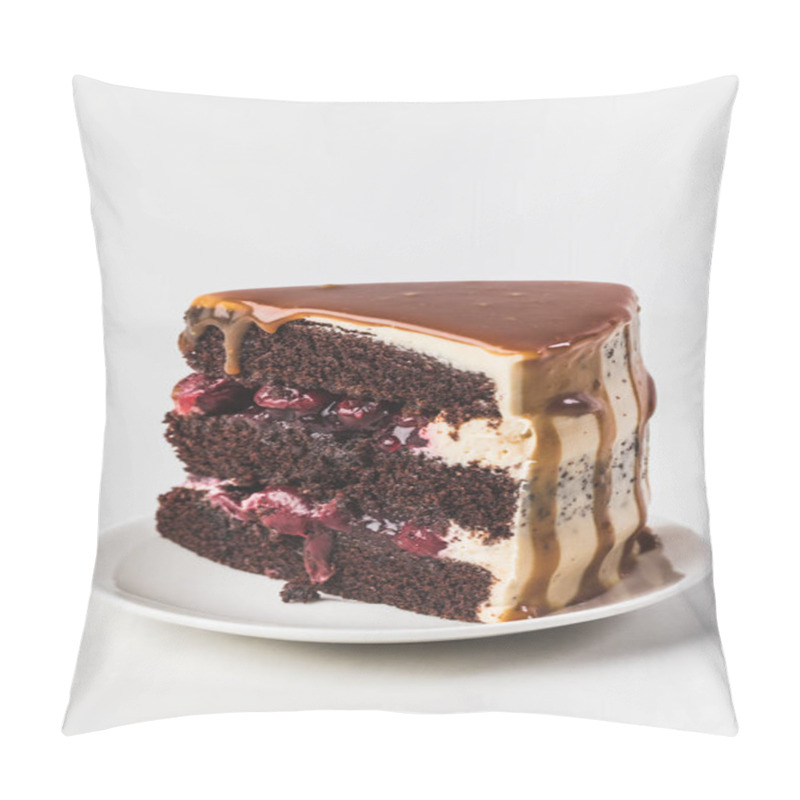 Personality  Close Up View Of Sweet Cherry-chocolate Cake With Caramel On Plate Isolated On White Pillow Covers