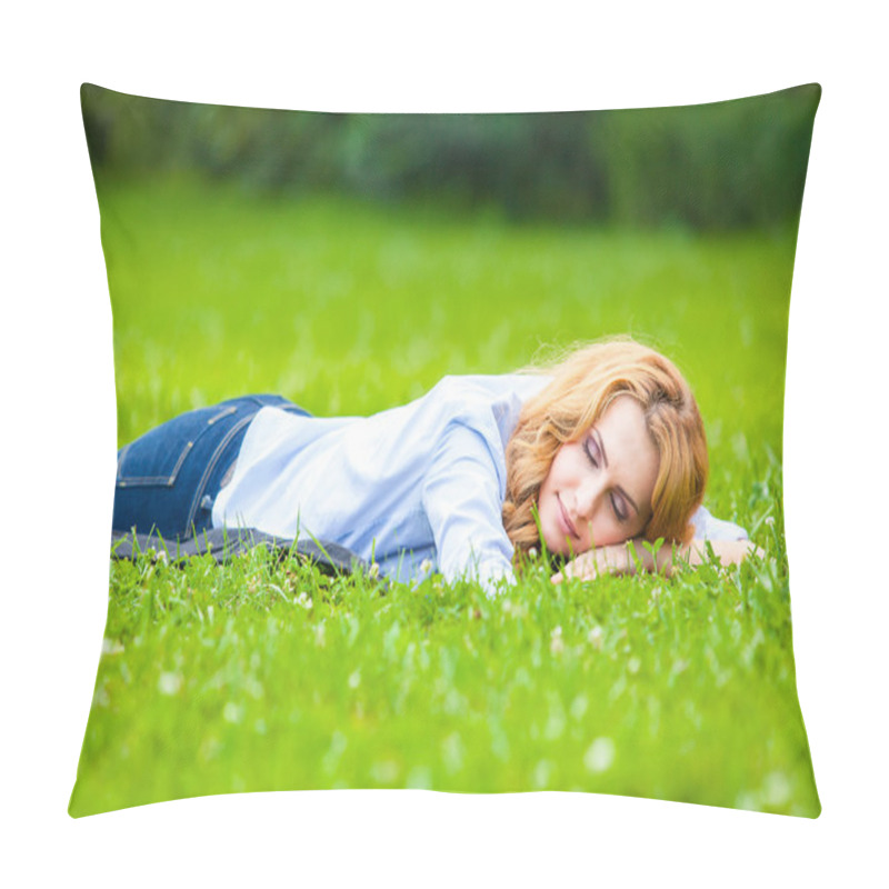 Personality  Smiling Blonde Woman In Green Grass Showing Love Pillow Covers