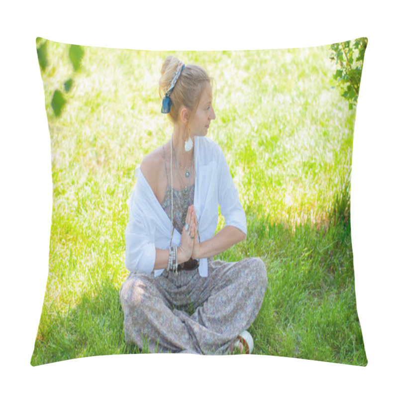 Personality  Beautiful Boho Style Woman With Accessories, Rings And Bracelets Enjoying Summer Sunny Day In Park. Pillow Covers