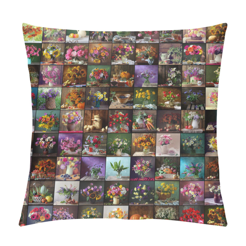 Personality  Collage From Still Lifes With Flowers And Fruits. Pillow Covers