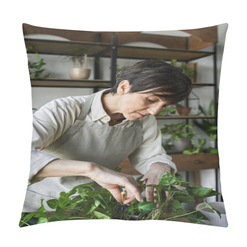 Personality  A Dedicated Gardener Nurtures Her Beloved Plants In A Bright Studio. Pillow Covers