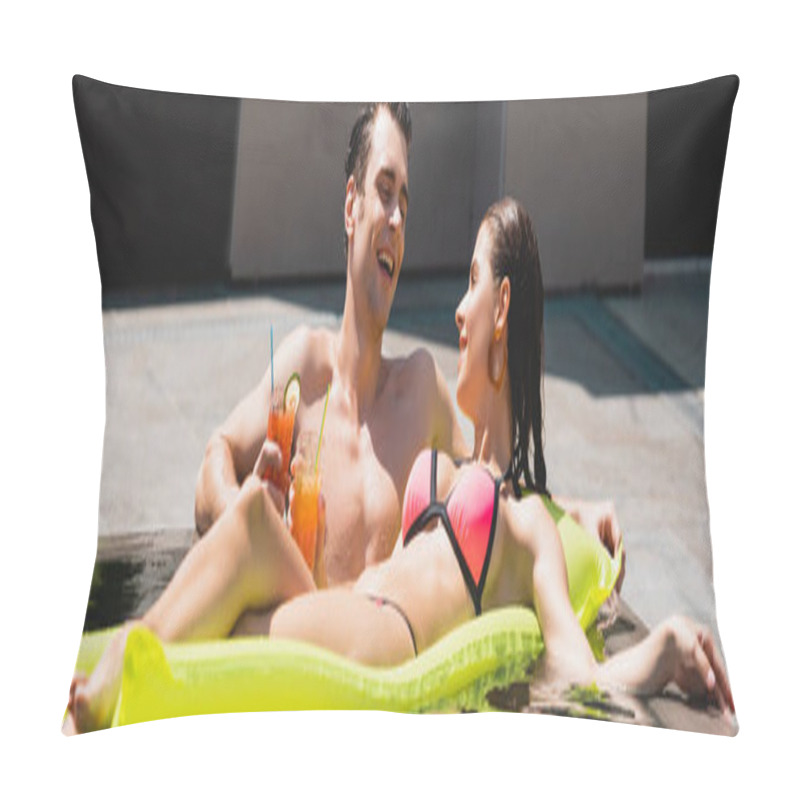 Personality  Panoramic Crop Of Happy Woman Lying On Inflatable Mattress Near Cheerful Man Holding Cocktail In Pool  Pillow Covers