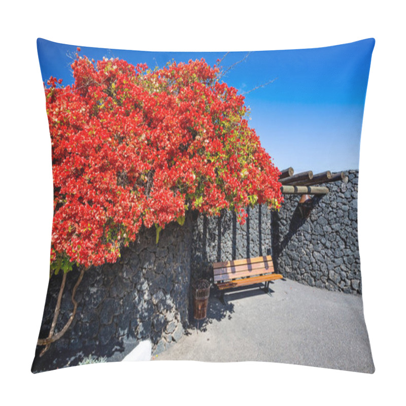 Personality  Street Springtime View Of A Gorgeous And Peaceful Garden With Wooden Bench Under Huge Bush With Red Blossoms Next To Huge Volcanic Stones Wall And A Litter Bin In Lanzarote, Canary Islands, Spain Pillow Covers