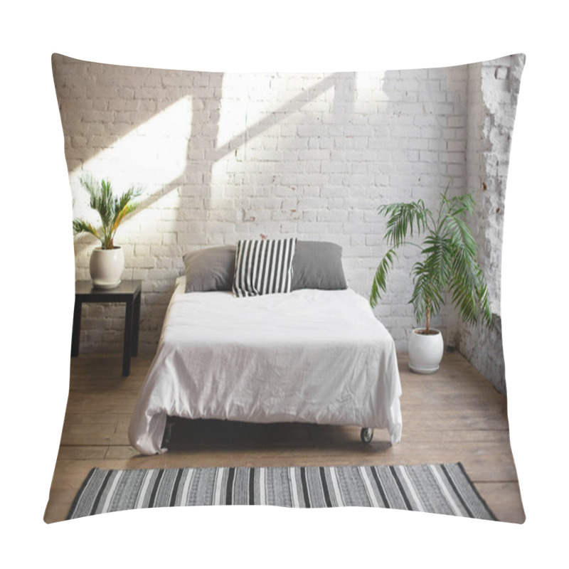 Personality  Simple Modern Bedroom Interior With Living Flower Near The Bed. Pillow Covers