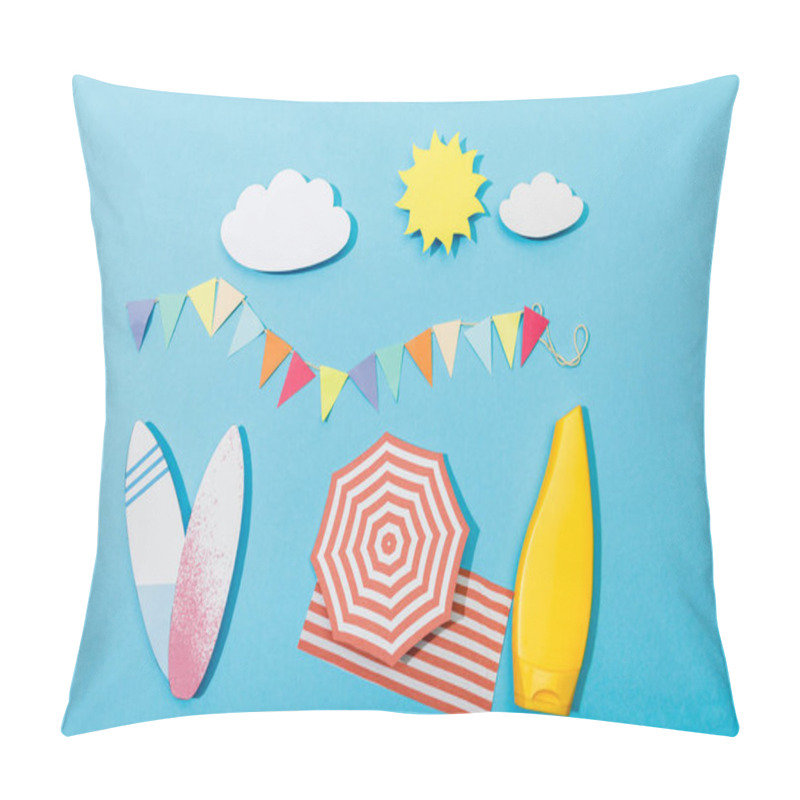 Personality  Top View Of Paper Cut Summer Beach With Surfboards And Tube Of Sunscreen On Blue Pillow Covers