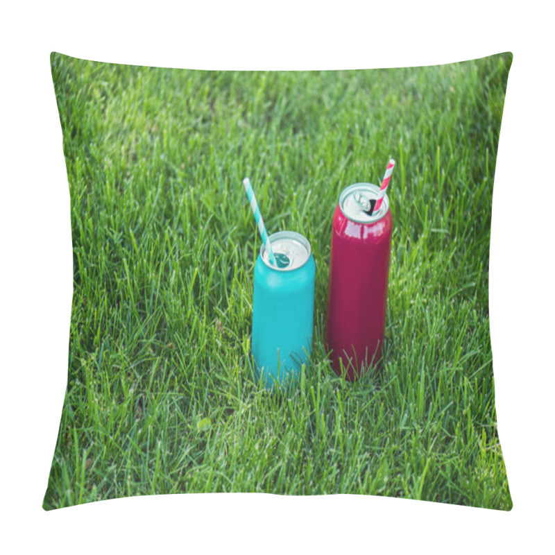 Personality  Close Up View Of Drinks In Cans With Straws On Green Grass Pillow Covers