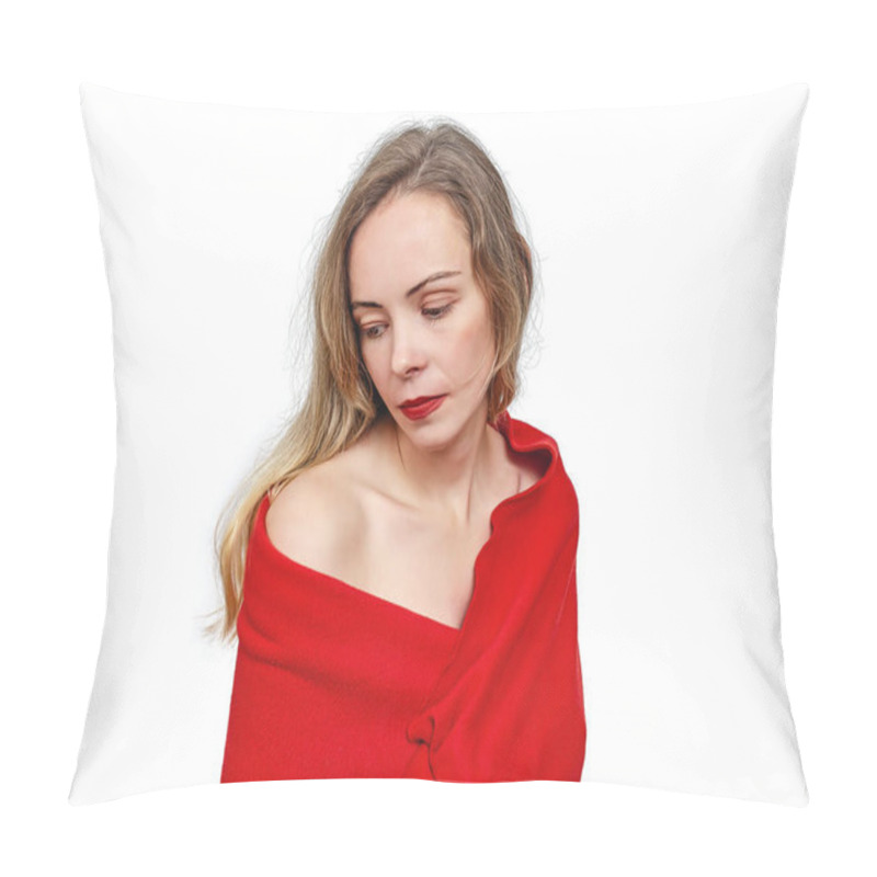 Personality  Charming Blonde Woman In Red Scarf, On White Background. Bare Shoulder, Red Lipstick. Looking Aside Pillow Covers