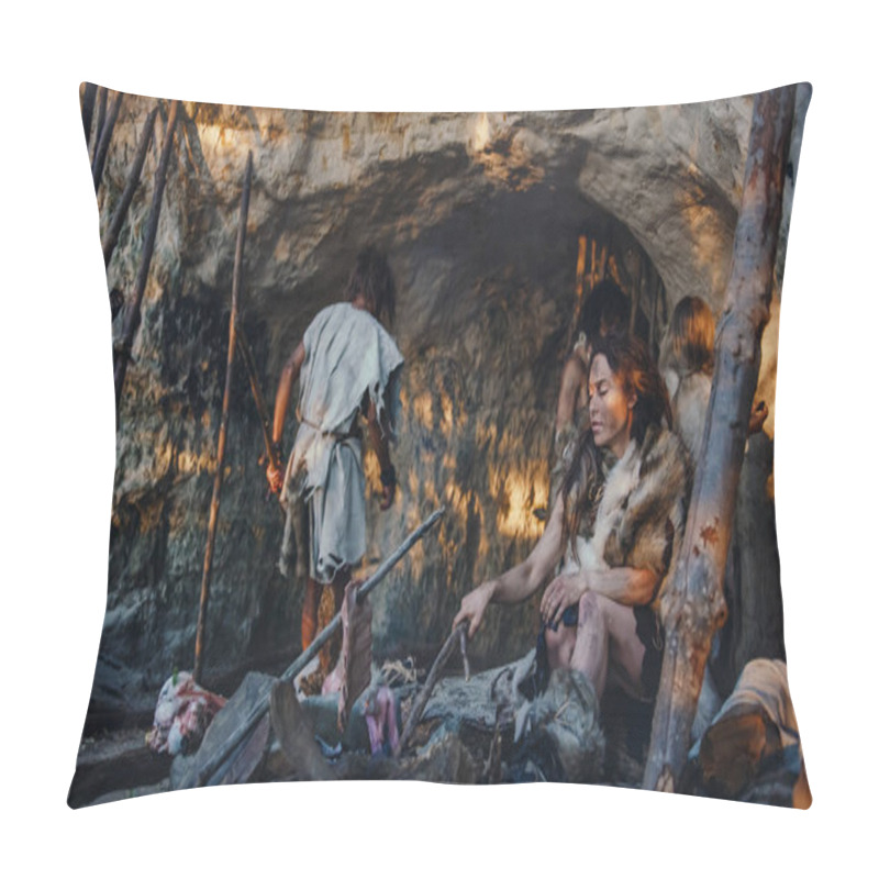 Personality  Tribe Of Hunter-Gatherers Wearing Animal Skin Live In A Cave. Leader Brings Animal Prey From Hunting, Female Cooks Food On Bonfire, Girl Drawing On Wals Creating Art. Neanderthal Homo Sapiens Family Pillow Covers