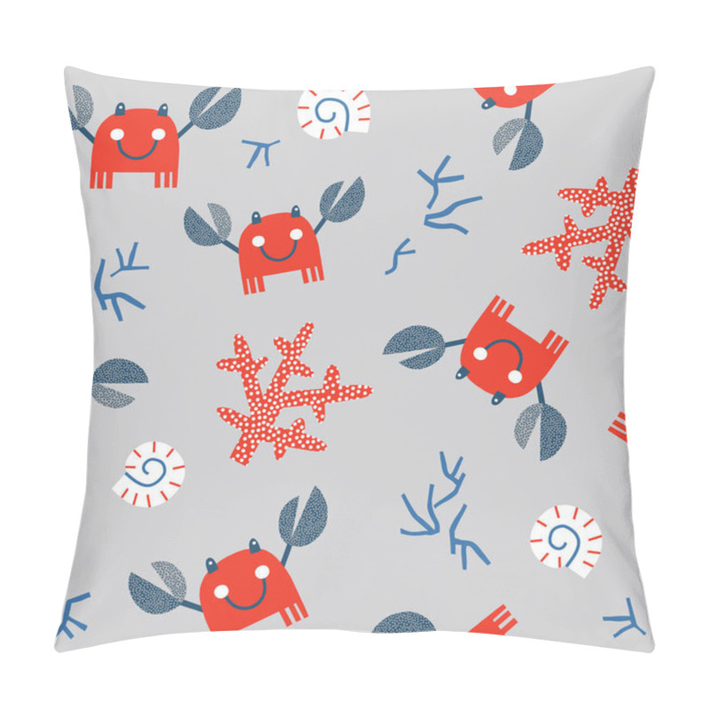 Personality  Cute Cheerful Crab With Sea Shells And Coral Vector Seamless Pattern Pillow Covers