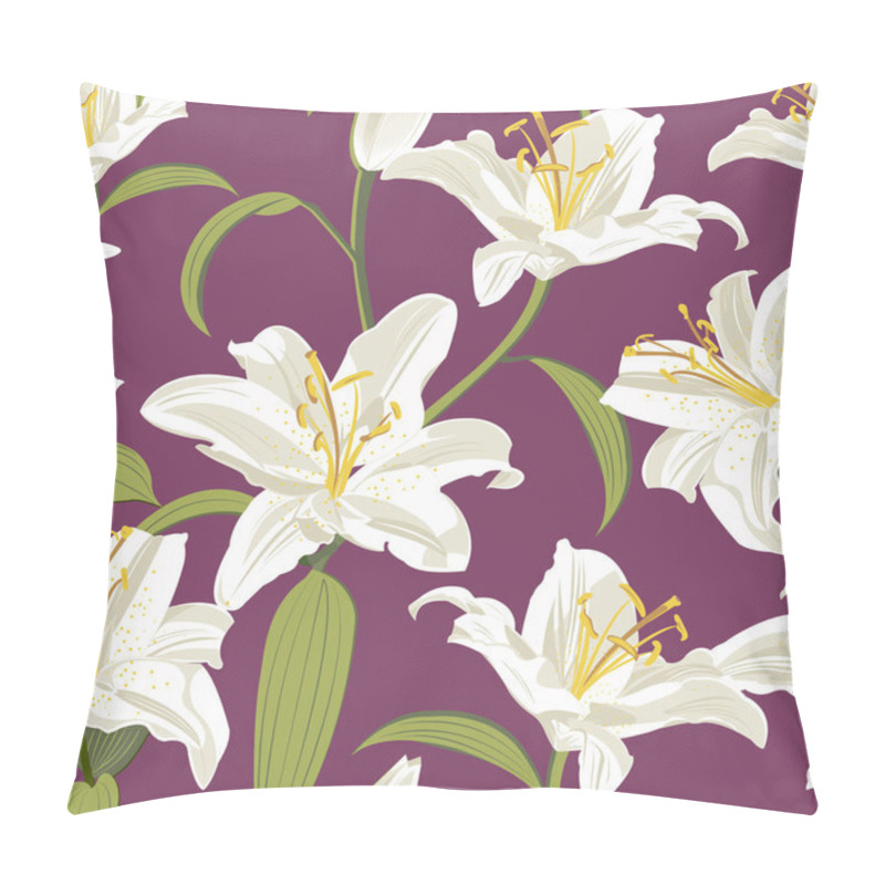 Personality  Lily Flower Seamless Pattern On Purple Background, White Lily Floral Vector Illustration Pillow Covers