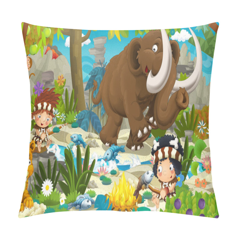 Personality  Cartoon Scene With Prehistoric Mammoth Pillow Covers