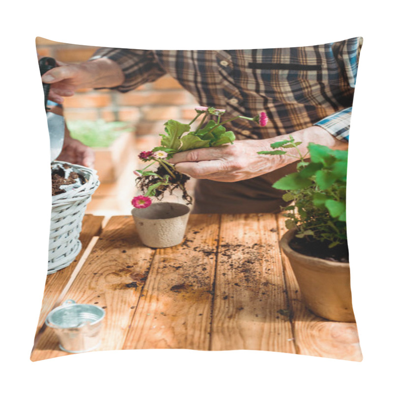 Personality  Cropped View Of Senior Man Holding Shovel Near Ground While Holding Plant  Pillow Covers