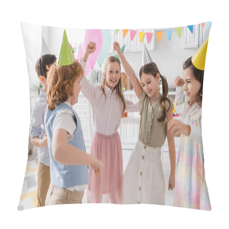 Personality  Group Of Happy Girls And Boys In Party Caps Dancing During Birthday Celebration At Home  Pillow Covers