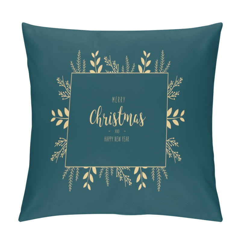 Personality  Merry Christmas Modern Elegant Card With Frame Banner Greetings And Golden Fir Pine Branches On Green Background Pillow Covers