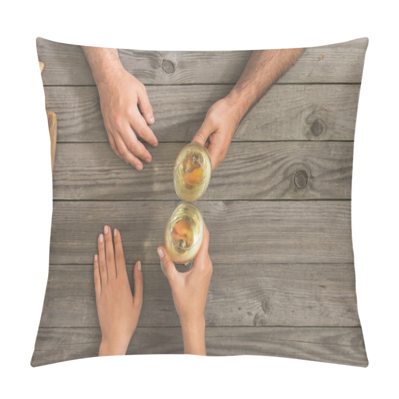 Personality  Couple Clinking Glasses With White Wine Sitting Behind Wooden Ta Pillow Covers