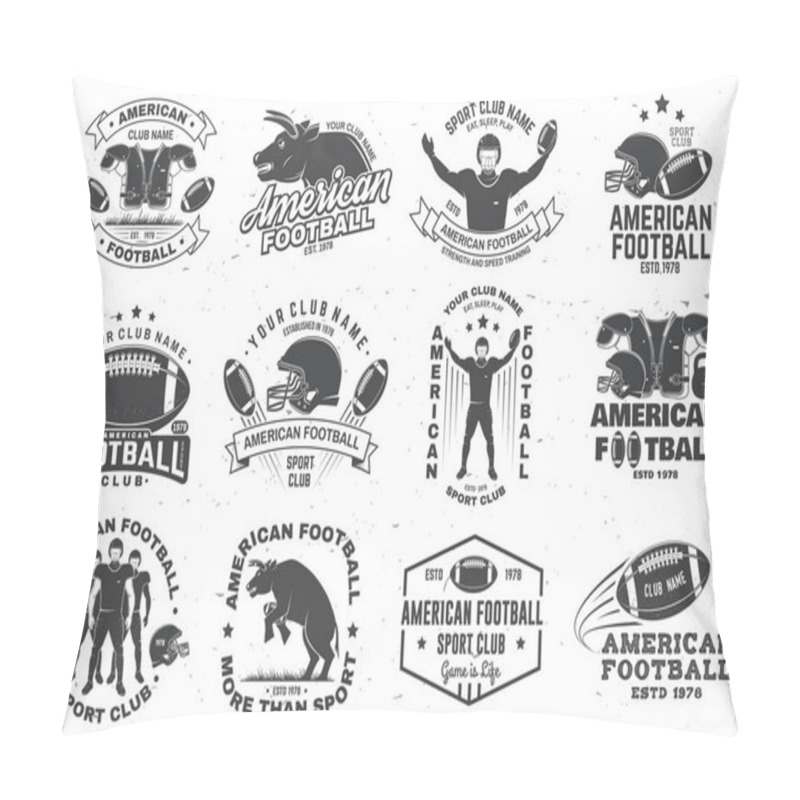 Personality  Set Of American Football Or Rugby Club Badge. Vector For Shirt, Logo, Print, Stamp, Patch. Vintage Design With Bull, American Football Sportsman Player, Helmet, Ball And Shoulder Pads Silhouette Pillow Covers