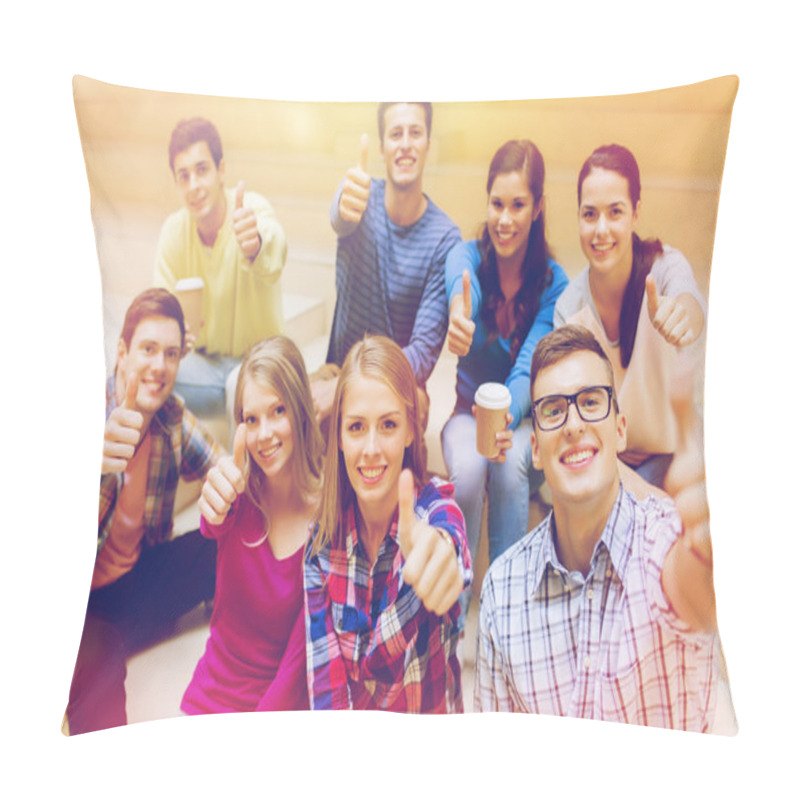 Personality  Group Of Smiling Students With Paper Coffee Cups Pillow Covers