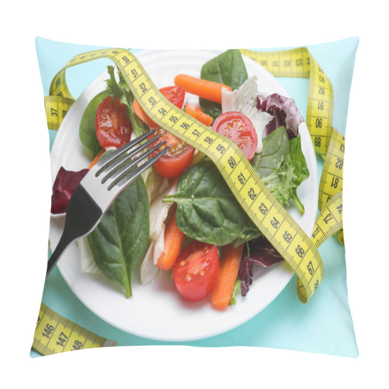 Personality  Measuring Tape, Vegetable Salad And Fork On Light Blue Background, Closeup. Weight Loss Concept Pillow Covers