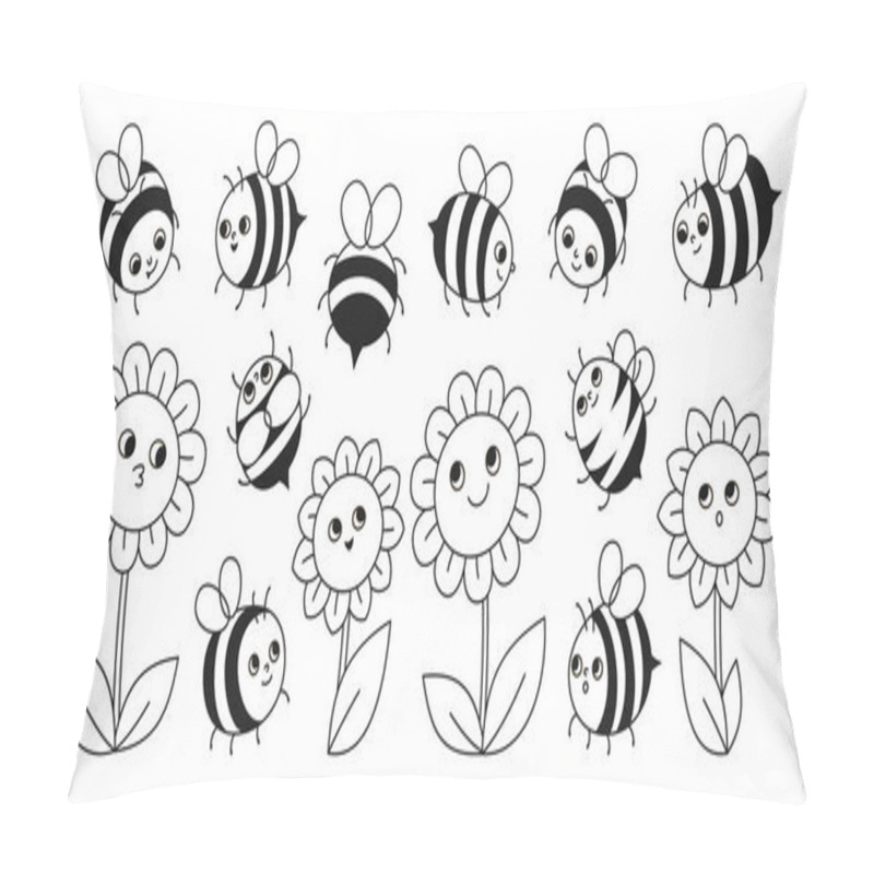 Personality  Bee Honey Characters And Flowers Cute Sign Set. Comics Kids Honeybee Insect Characters With Funny Faces. Cute Hand Drawn Summer Comic Smiley Striped Bees Retro Cartoon Design Vector Illustration Pillow Covers