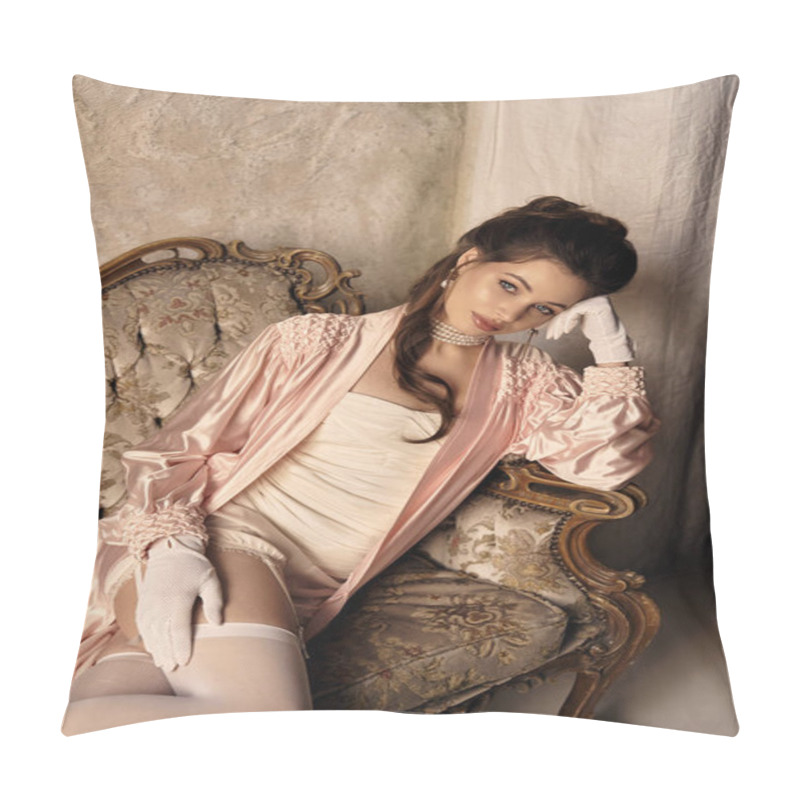 Personality  A Young Woman Draped In Soft Pastels Lounges Elegantly, Exuding An Ethereal, Enchanting Aura. Pillow Covers