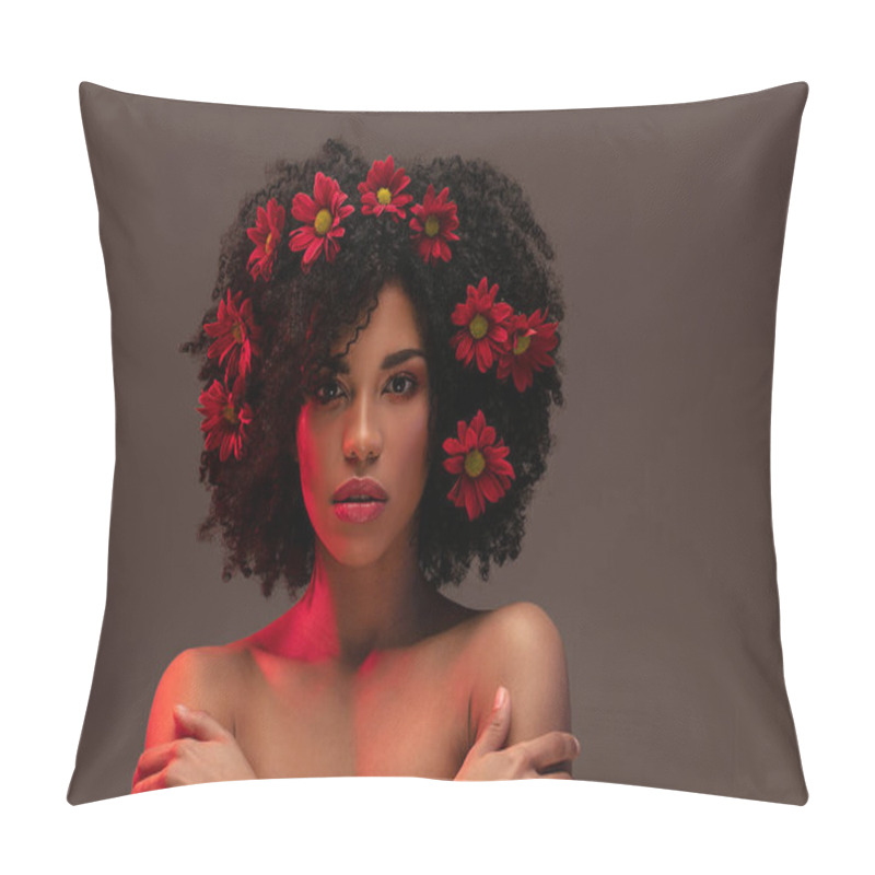 Personality  Young Attractive Afro Woman With Beautiful Flowers In Hair. Beauty Studio Portrait. Pillow Covers