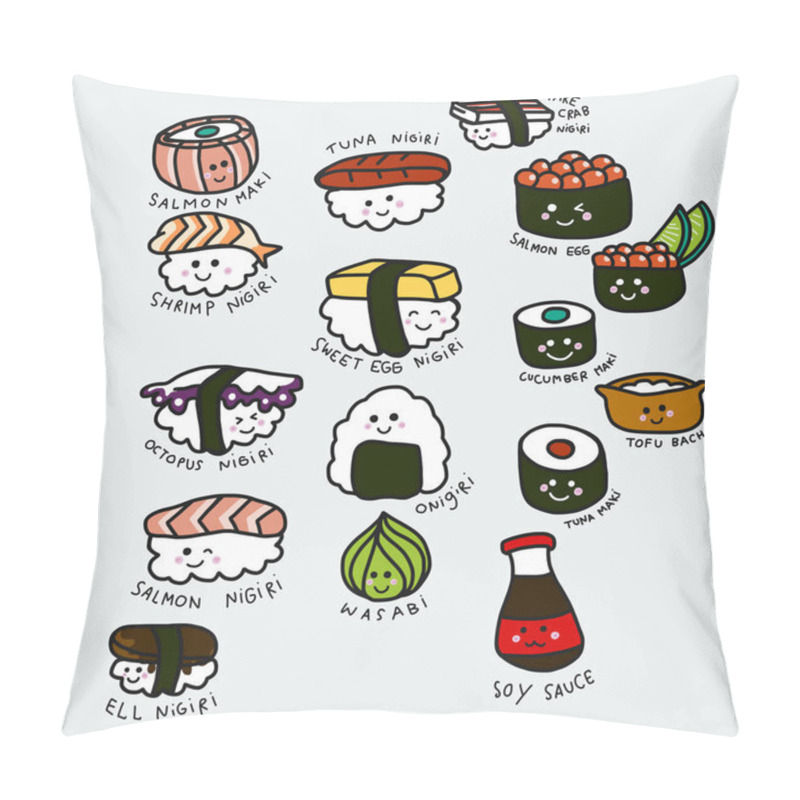 Personality  Cute Sushi Set Cartoon Vector Illustration Doodle Style Pillow Covers