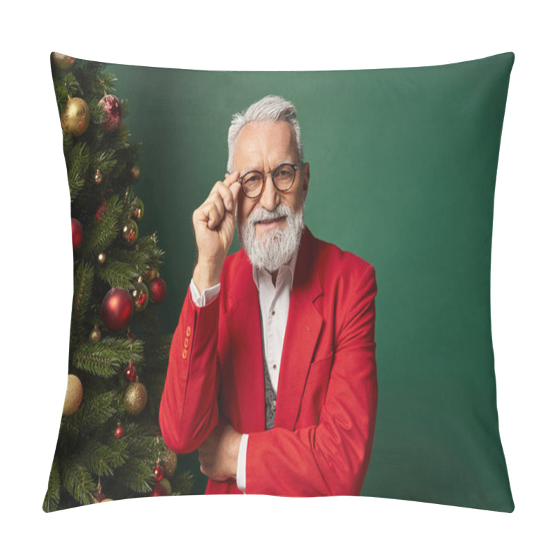 Personality  Classy Man Dressed As Santa Crossing Arms And Touching Glasses Next To Fir Tree, Winter Concept Pillow Covers