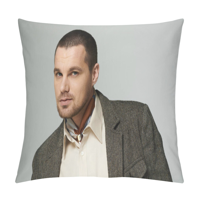 Personality  A Man In A Stylish Herringbone Blazer And White Shirt Looks Directly At The Camera. Pillow Covers