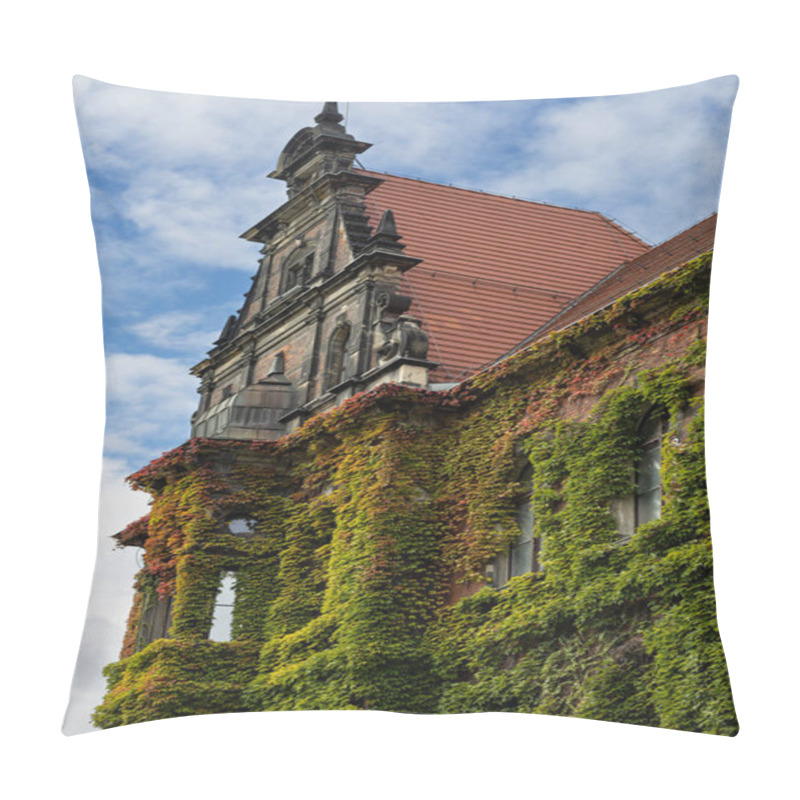 Personality  Historic Ivy-covered Building With Ornate Facade And Red Tiled Roof On A Sunny Day With Blue Sky. Concept Of Architectural Heritage, Nature Integration, And Cultural Landmarks Pillow Covers