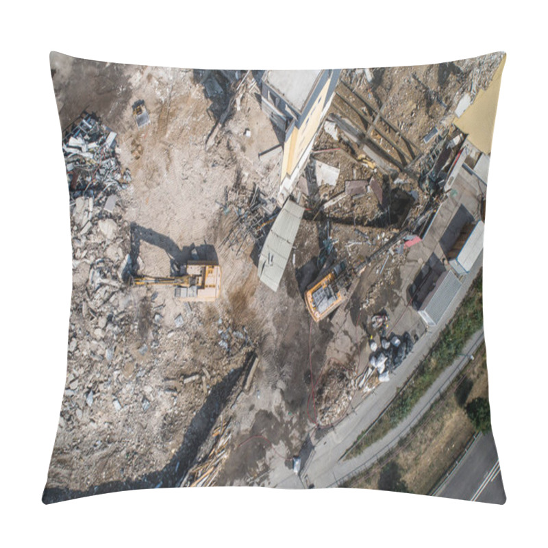 Personality  Aerial View Of Building House Demolition And Construction Site Excavator With Hydraulic Crasher Machine Pillow Covers