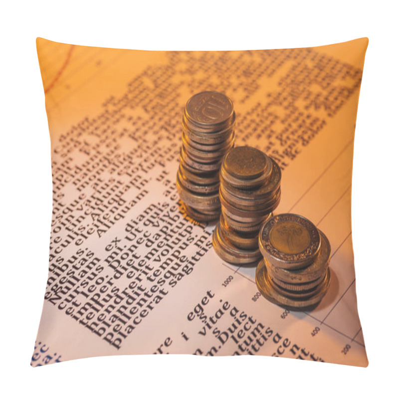 Personality  Selective Focus Of Coins Stacks On Business Text Document Pillow Covers