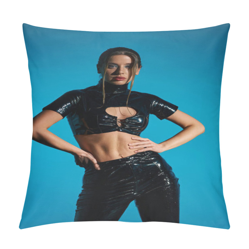 Personality  A Woman In Black Latex Clothing Poses Against A Bright Blue Background. Pillow Covers