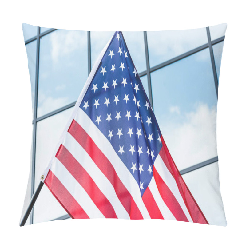 Personality  Low Angle View Of American Flag Near Glass Building With Windows Pillow Covers