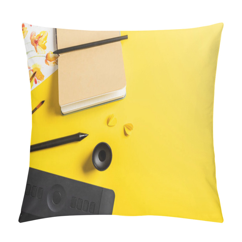 Personality  Top View Of Paintbrushes Near Painting, Drawing Tablet, Blank Notebook And Stylus On Yellow  Pillow Covers