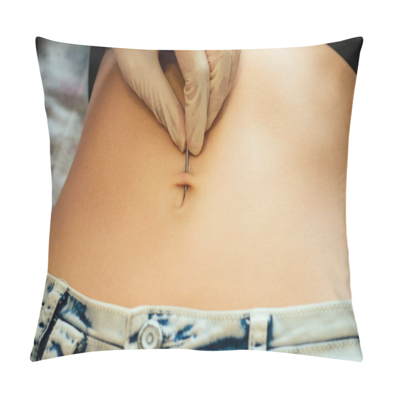 Personality  Hand In A Rubber Glove Close-up Of Master Prepares To Pierce The Navel By Belly Of A Young Woman With A Bandage And Cotton On Her Stomach. Process Navel Ring Piercing Concept Pillow Covers